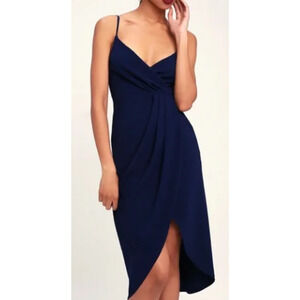 Lulu's Blue Spaghetti Strap Ruched Midi Dress